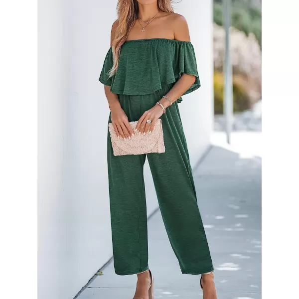 imageCUPSHE Womens Flounce Off the Shoulder Romper Short Sleeve Ruffle Jumpsuit Romper Wide Leg OutfitGreen
