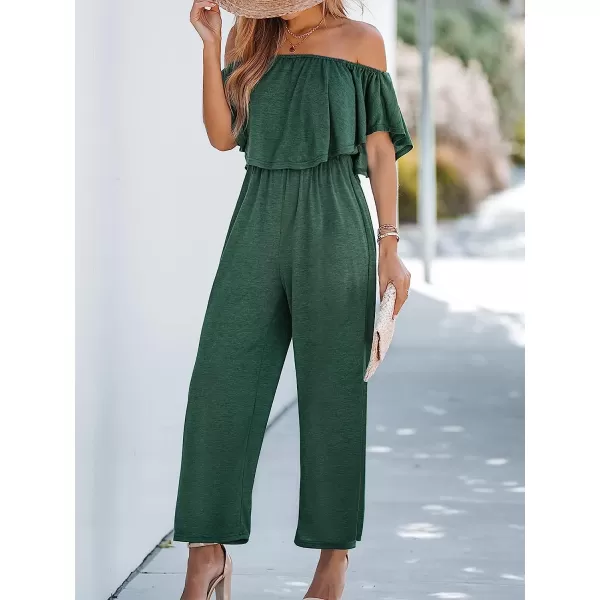 imageCUPSHE Womens Flounce Off the Shoulder Romper Short Sleeve Ruffle Jumpsuit Romper Wide Leg OutfitGreen