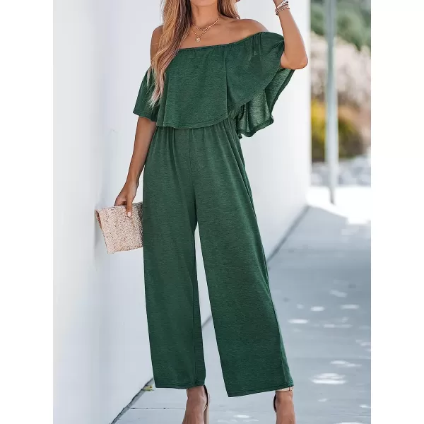 imageCUPSHE Womens Flounce Off the Shoulder Romper Short Sleeve Ruffle Jumpsuit Romper Wide Leg OutfitGreen