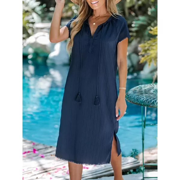 imageCUPSHE Womens Fringe Tie Front Midi Dress VNeck Summer DressNavy