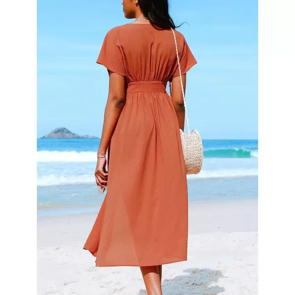 imageCUPSHE Womens Front Button VNeck Ruching Maxi AnkleLength DressOrange