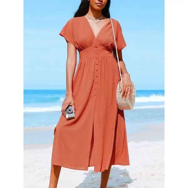 imageCUPSHE Womens Front Button VNeck Ruching Maxi AnkleLength DressOrange