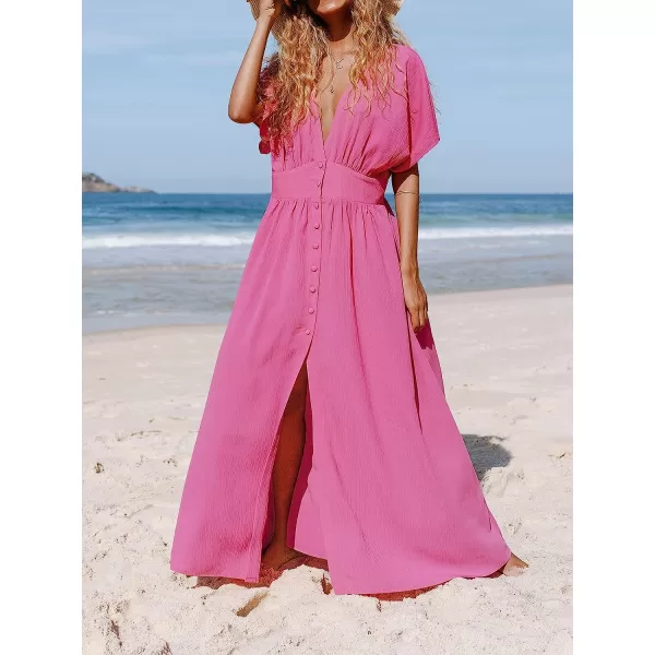 imageCUPSHE Womens Front Button VNeck Ruching Maxi AnkleLength DressPink