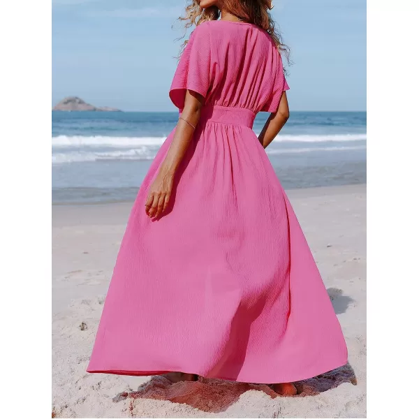 imageCUPSHE Womens Front Button VNeck Ruching Maxi AnkleLength DressPink