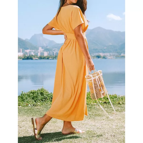 imageCUPSHE Womens Front Button VNeck Ruching Maxi AnkleLength DressYellow