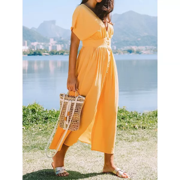 imageCUPSHE Womens Front Button VNeck Ruching Maxi AnkleLength DressYellow