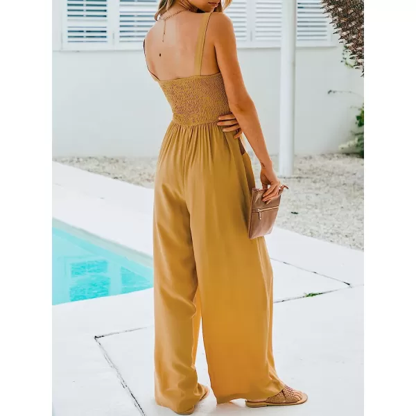 imageCUPSHE Womens Golden Smocked Wide Leg Jumpsuit Sleeveless Maxi Cami JumpsuitGolden