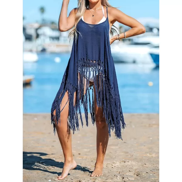 imageCUPSHE Womens Gulf Breeze Sleeveless Tassel Hem Swimsuit Cover UpNavy Blue