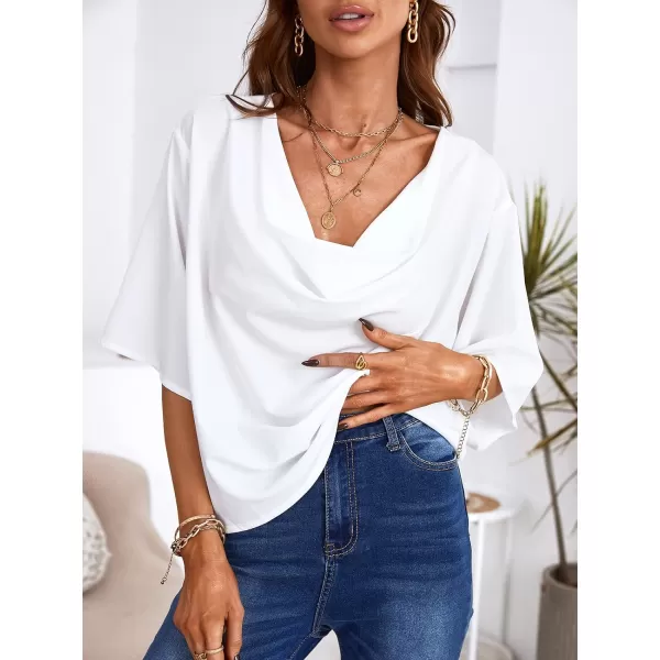 imageCUPSHE Womens Half Sleeve Casual Blouse Elegant Autumn Solid Dolman Sleeve Drape Collar Loose TopsWhite