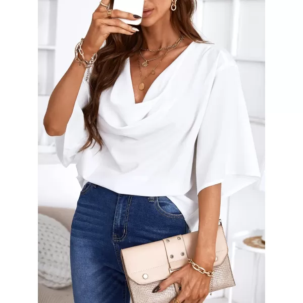 imageCUPSHE Womens Half Sleeve Casual Blouse Elegant Autumn Solid Dolman Sleeve Drape Collar Loose TopsWhite