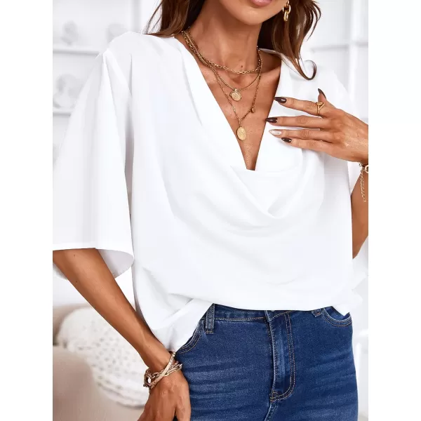 imageCUPSHE Womens Half Sleeve Casual Blouse Elegant Autumn Solid Dolman Sleeve Drape Collar Loose TopsWhite