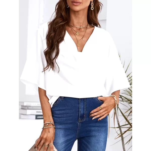 imageCUPSHE Womens Half Sleeve Casual Blouse Elegant Autumn Solid Dolman Sleeve Drape Collar Loose TopsWhite