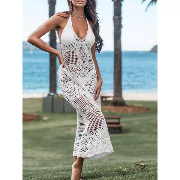 imageCUPSHE Womens Halter Crochet Sleeveless Cover Up Dress SemiSheer Cutout Summer Maxi DressWhite