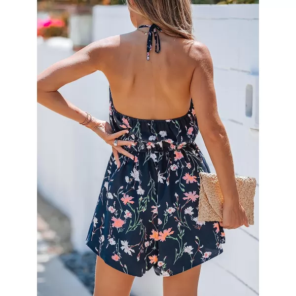 imageCUPSHE Womens Halter Floral Print Sleeveless Short Romper Elastic Waist Summer Casual Overalls Mini JumpsuitNavy Blue