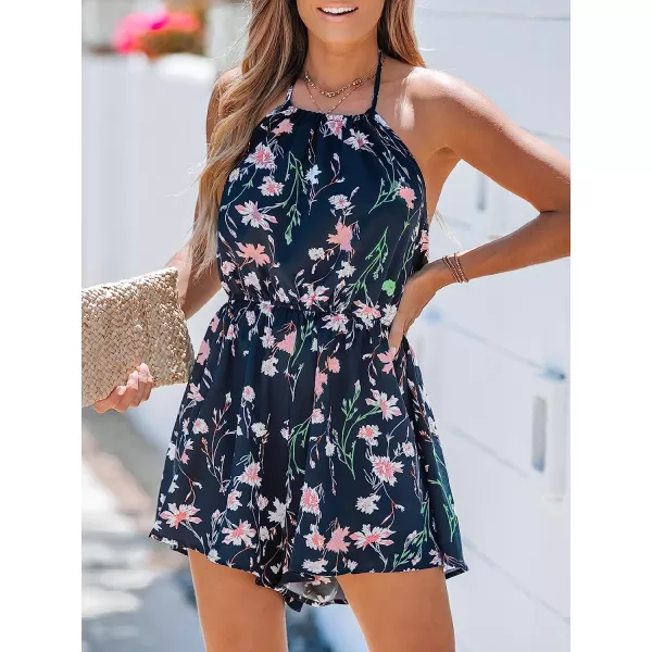 imageCUPSHE Womens Halter Floral Print Sleeveless Short Romper Elastic Waist Summer Casual Overalls Mini JumpsuitNavy Blue
