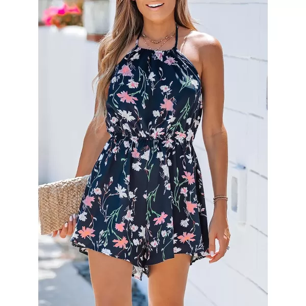 imageCUPSHE Womens Halter Floral Print Sleeveless Short Romper Elastic Waist Summer Casual Overalls Mini JumpsuitNavy Blue