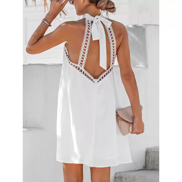 imageCUPSHE Womens Halter High Neck Short Length Dresses Backless Summer Mini Dress with Lace TrimWhite