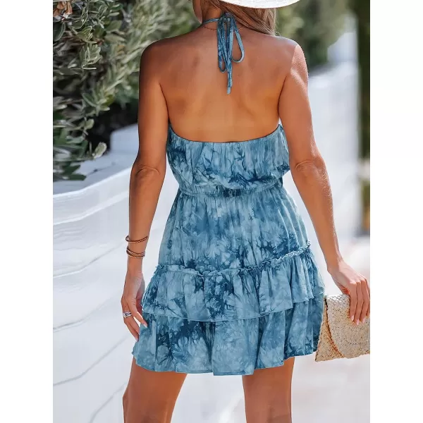 imageCUPSHE Womens Halter Neck TieDye Sleeveless Tiered Ruffled Mini Dress Casual A Line Summer Short DressSteel Blue