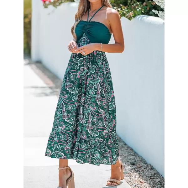 imageCUPSHE Womens Halter Paisley Print Pleated Sleeveless Maxi Dress Casual A Line Long DressDark Teal