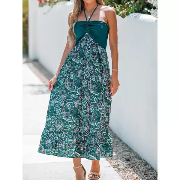 imageCUPSHE Womens Halter Paisley Print Pleated Sleeveless Maxi Dress Casual A Line Long DressDark Teal