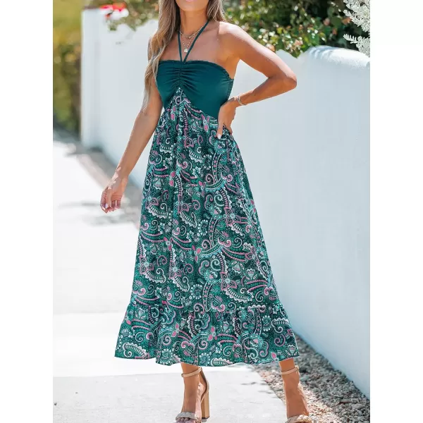 imageCUPSHE Womens Halter Paisley Print Pleated Sleeveless Maxi Dress Casual A Line Long DressDark Teal