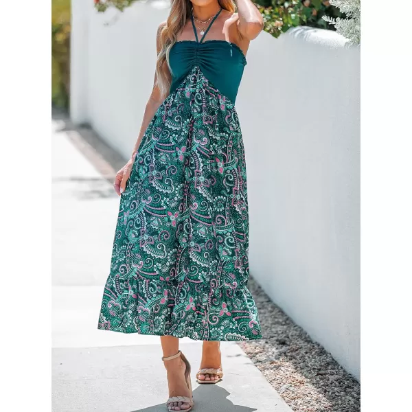 imageCUPSHE Womens Halter Paisley Print Pleated Sleeveless Maxi Dress Casual A Line Long DressDark Teal