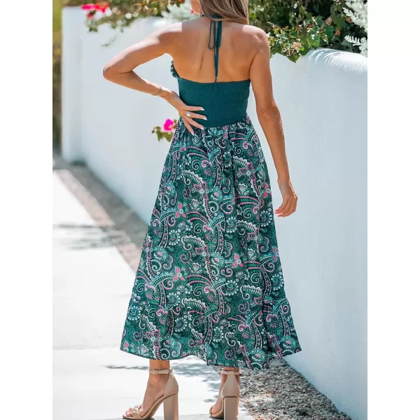 imageCUPSHE Womens Halter Paisley Print Pleated Sleeveless Maxi Dress Casual A Line Long DressDark Teal