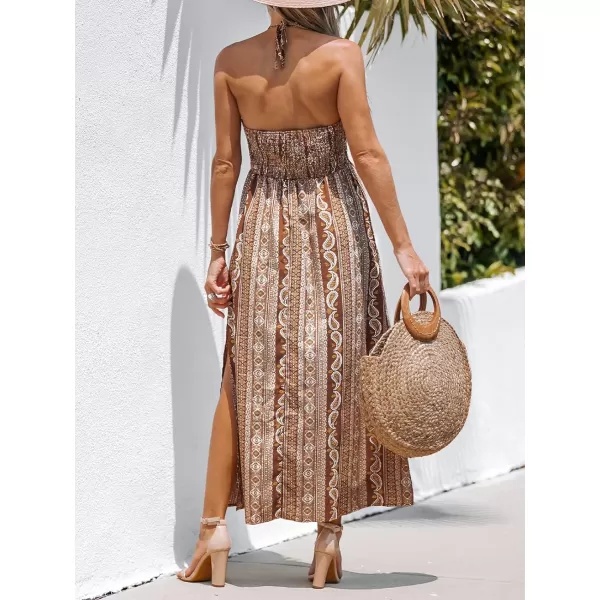imageCUPSHE Womens Halter Paisley Print Sleeveless Dress Ruffled Side Slit Formal Dress Woven Maxi DressBrown