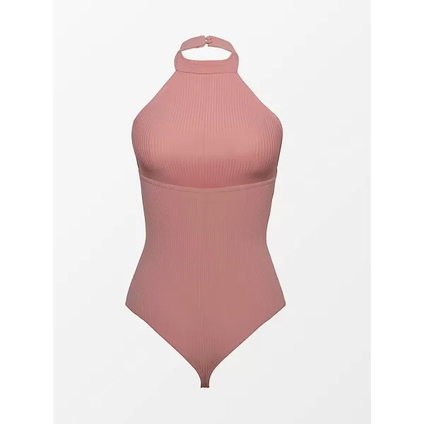 imageCUPSHE Womens Halter Ribbed Backless Cheeky Mid Cut BodysuitPink