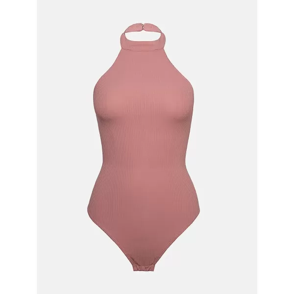 imageCUPSHE Womens Halter Ribbed Backless Cheeky Mid Cut BodysuitPink