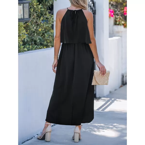 imageCUPSHE Womens Halter Ruffled Sleeveless Midi Dress Casual Long Slit DressBlack