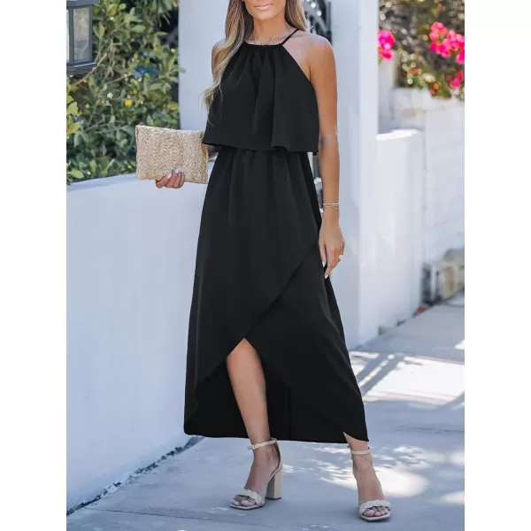 imageCUPSHE Womens Halter Ruffled Sleeveless Midi Dress Casual Long Slit DressBlack
