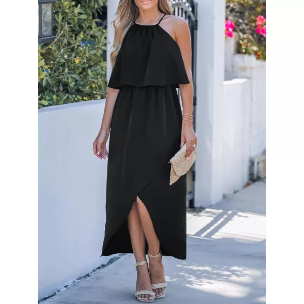 imageCUPSHE Womens Halter Ruffled Sleeveless Midi Dress Casual Long Slit DressBlack