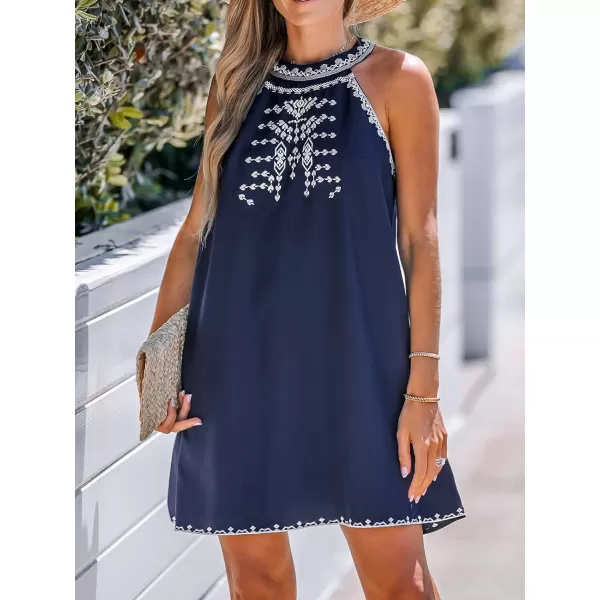 imageCUPSHE Womens Halter Sleeveless Embroidered Mini Dress A Line Short DressNavy Blue