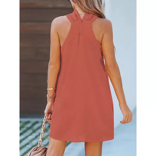 imageCUPSHE Womens Halter Sleeveless Woven Short Dress Twisted Formal Dress Casual Mini DressCoral
