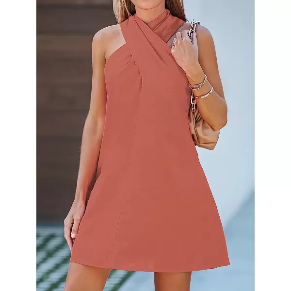 imageCUPSHE Womens Halter Sleeveless Woven Short Dress Twisted Formal Dress Casual Mini DressCoral