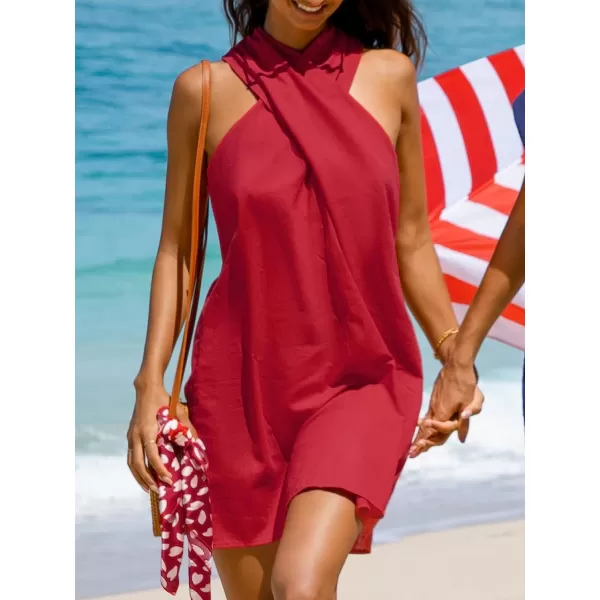 imageCUPSHE Womens Halter Sleeveless Woven Short Dress Twisted Formal Dress Casual Mini DressRed