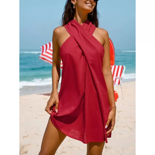 imageCUPSHE Womens Halter Sleeveless Woven Short Dress Twisted Formal Dress Casual Mini DressRed
