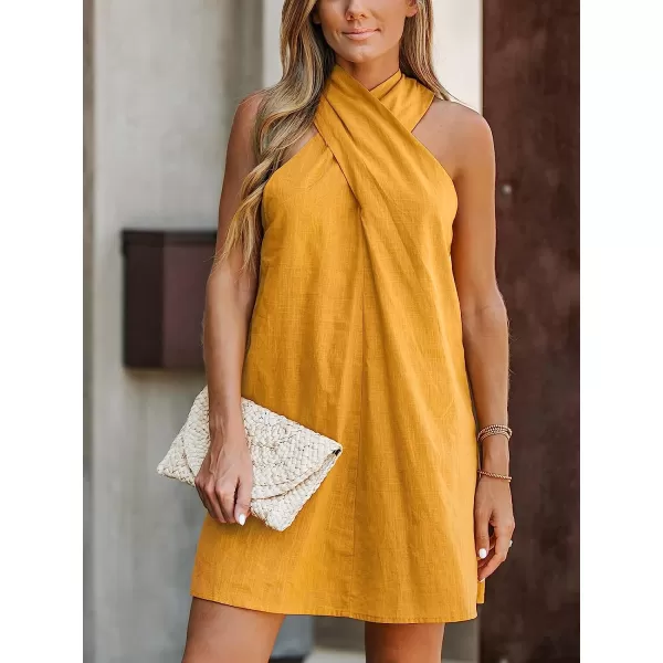 imageCUPSHE Womens Halter Sleeveless Woven Short Dress Twisted Formal Dress Casual Mini DressYellow