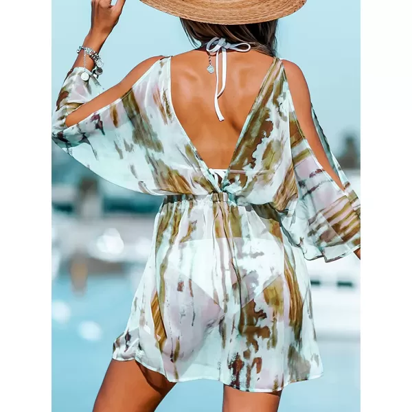 imageCUPSHE Womens Halter V Neck Bathing Suit Cover Up Backless Swimsuit Beach Dress for SummerCyan
