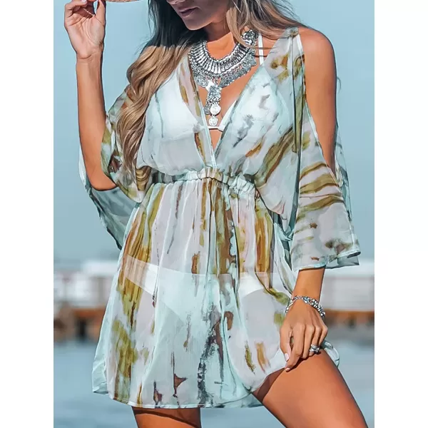 imageCUPSHE Womens Halter V Neck Bathing Suit Cover Up Backless Swimsuit Beach Dress for SummerCyan