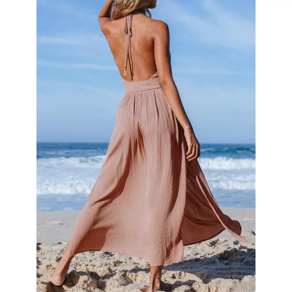 imageCUPSHE Womens Halter V Neck Ruched O Ring Elastic Waist Backless Maxi DressKhaki