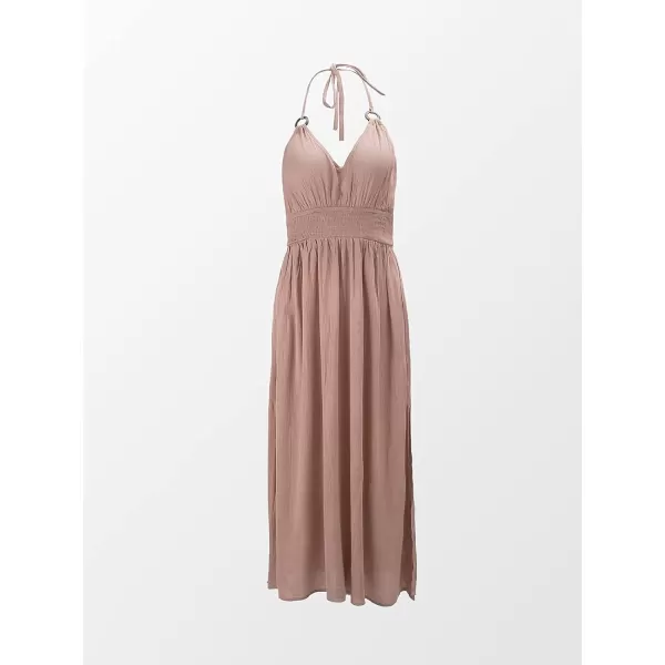 imageCUPSHE Womens Halter V Neck Ruched O Ring Elastic Waist Backless Maxi DressKhaki