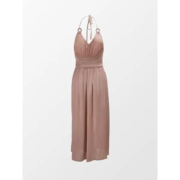 imageCUPSHE Womens Halter V Neck Ruched O Ring Elastic Waist Backless Maxi DressKhaki