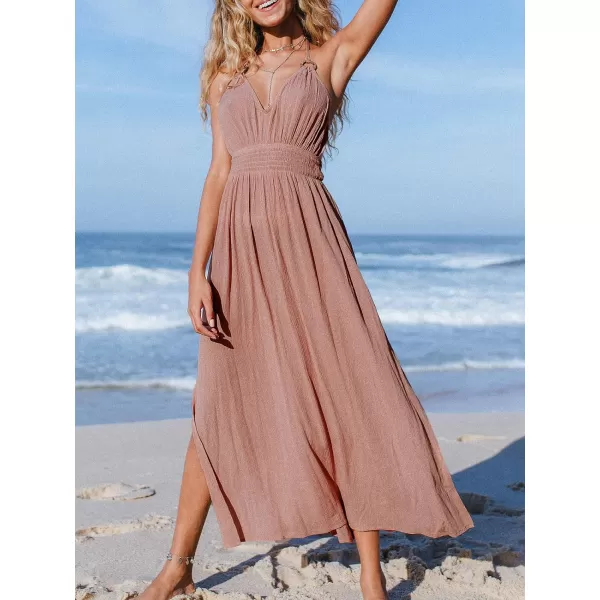 imageCUPSHE Womens Halter V Neck Ruched O Ring Elastic Waist Backless Maxi DressKhaki