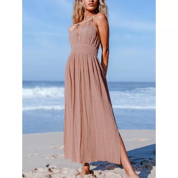 imageCUPSHE Womens Halter V Neck Ruched O Ring Elastic Waist Backless Maxi DressKhaki