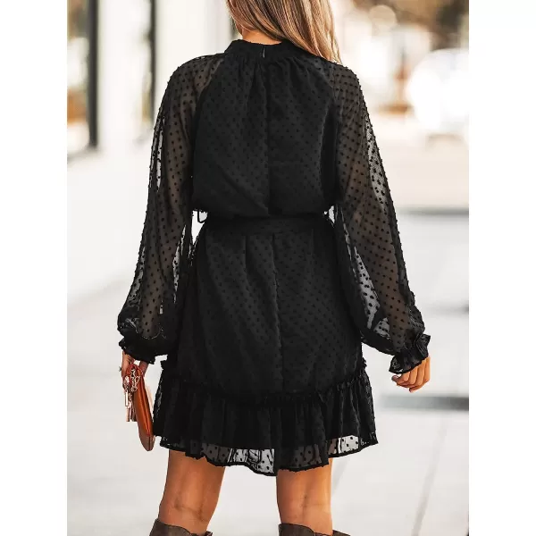 imageCUPSHE Womens High Neck Dot Short Length Dresses A Line Belt Ruffled Dress with Long SleevesBlack