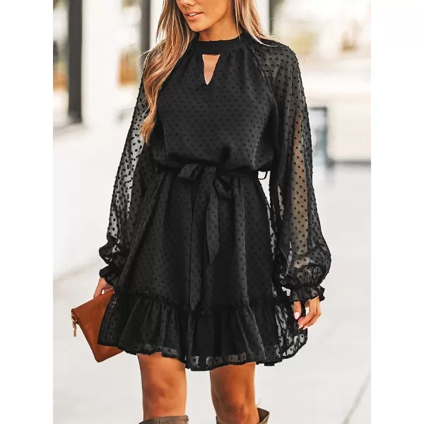 imageCUPSHE Womens High Neck Dot Short Length Dresses A Line Belt Ruffled Dress with Long SleevesBlack