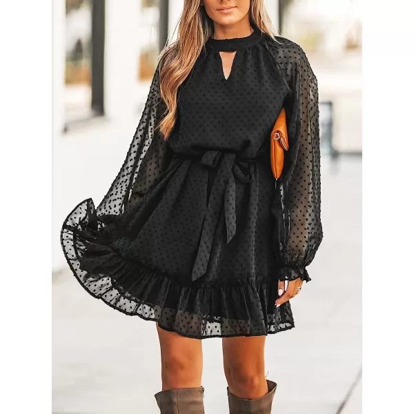 imageCUPSHE Womens High Neck Dot Short Length Dresses A Line Belt Ruffled Dress with Long SleevesBlack