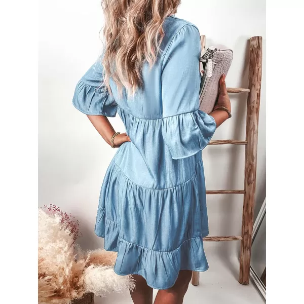 imageCUPSHE Womens High Neck Flounce Knee Length Dresses Quarter Sleeves Button Dresses with Ruffled DesignBlue